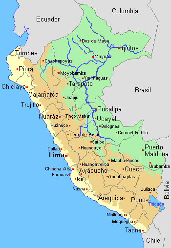 La côte pacifique, la cordillère des Andes, la forêt amazonienne et les principales villes du Pérou