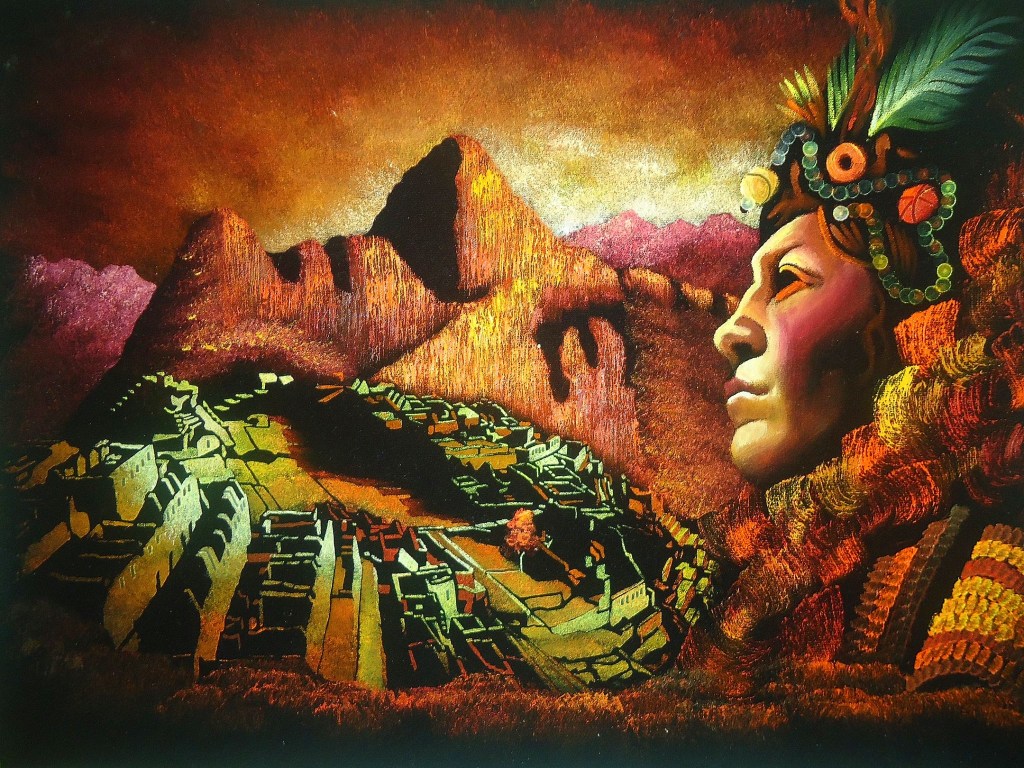Peinture sur velours "Machu Picchu et l'Inca"